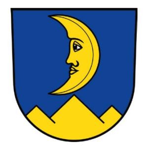 Das Wappen Dettighofens zeigt in Blau über einem goldenen Dreiberg einen zunehmenden Mond mit Gesicht.