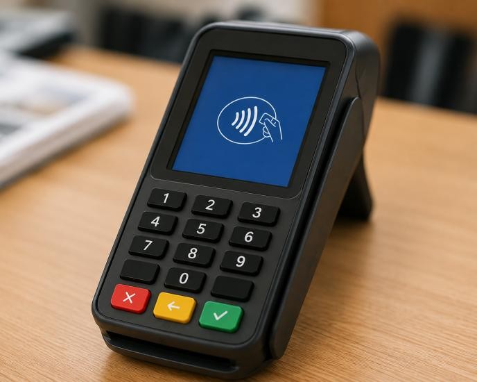 Beispielbild eines Kartenterminals Kartenterminal mit beleuchtetem Display und Kontaktlos-Symbol auf einem Holztisch
