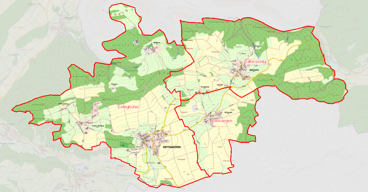 Karte der Gemarkung Dettighofen mit Ortsteilabgrenzungen